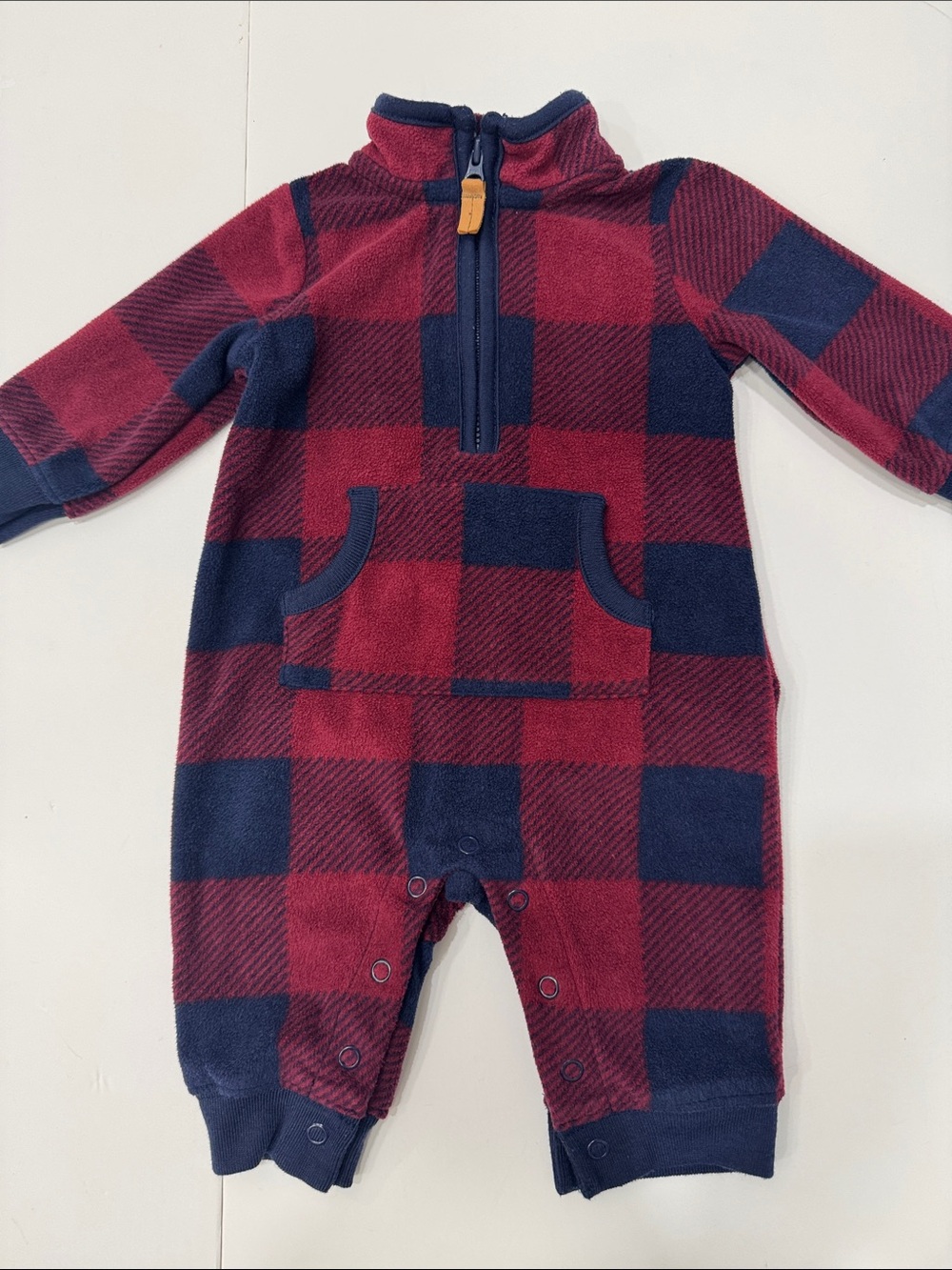 Carter’s Baby Fleece Plaid Hoodless Onesie – 0–3 Months | Burgundy & Navy